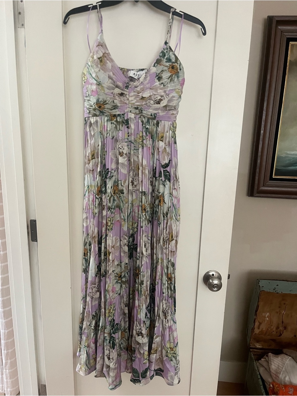 Astr Lavender Floral Pleated Maxi Dress with Ruched Bodice